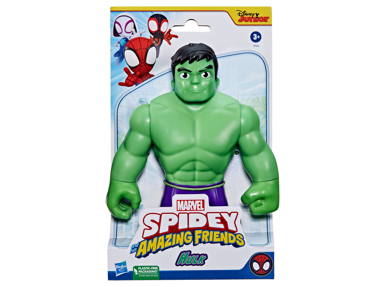 Disney Junior Spidey un viņa apbrīnojamie draugi Hulk figūra plastmasas iepakojumā.