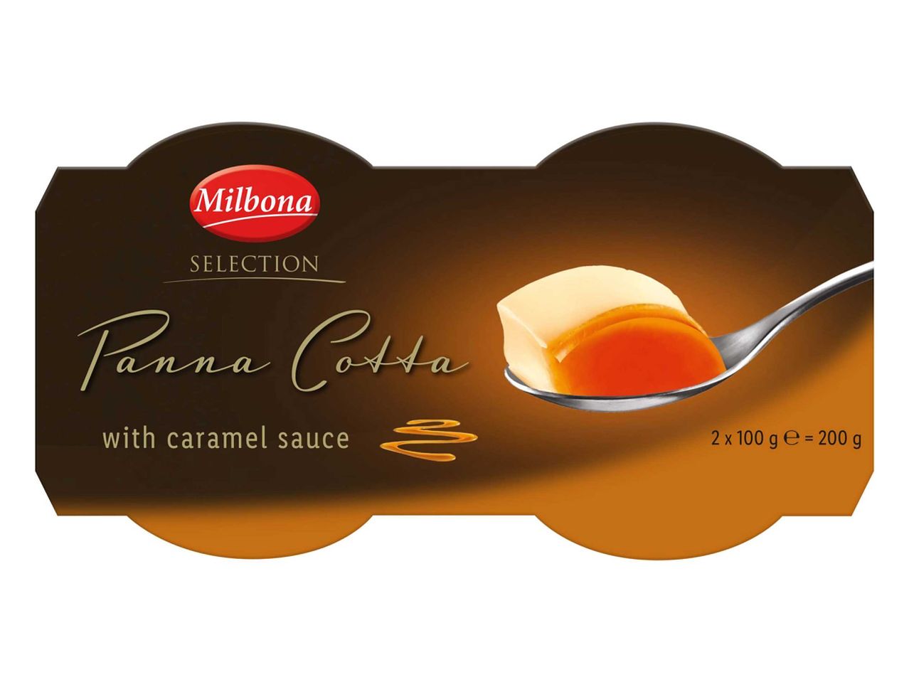 Milbona Selection Panna Cotta karamellszósszal, 2x100g-os kiszerelésben.