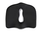 Black ergonomic seat cushion with a cutout for tailbone relief.