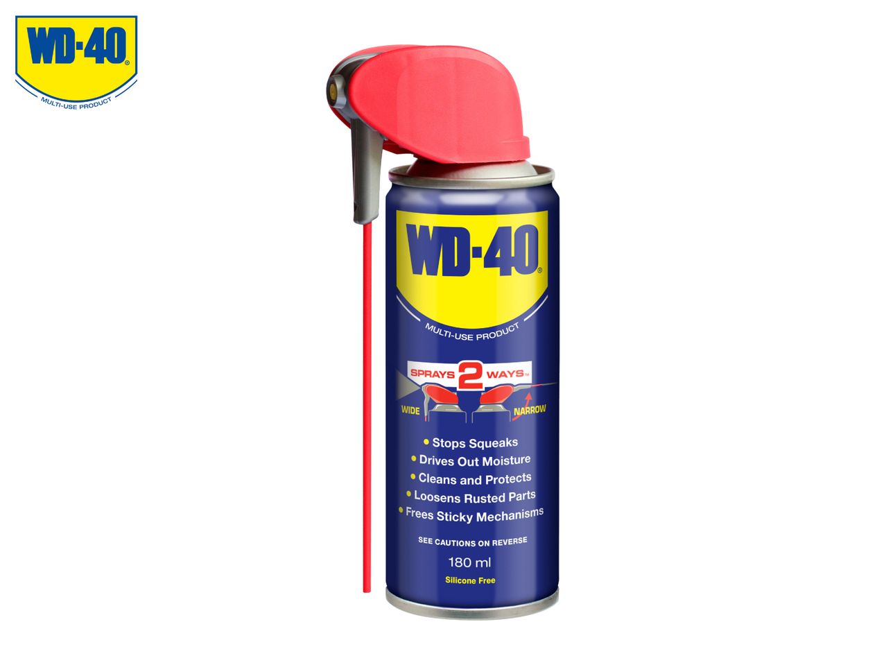 Blue multi-use product spray can with red cap, highlighting 2 spray ways and key benefits.