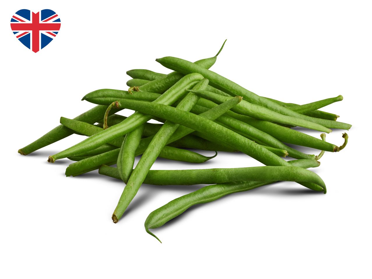 A pile of fresh green beans with a heart-shaped Union Jack flag in the top left corner.