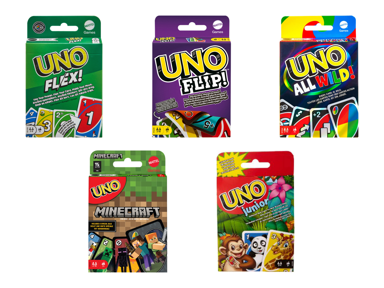 Erilaisia Uno-korttipelejä, kuten Uno Flex, Uno Flip, Uno All Wild, Uno Minecraft ja Uno Junior.