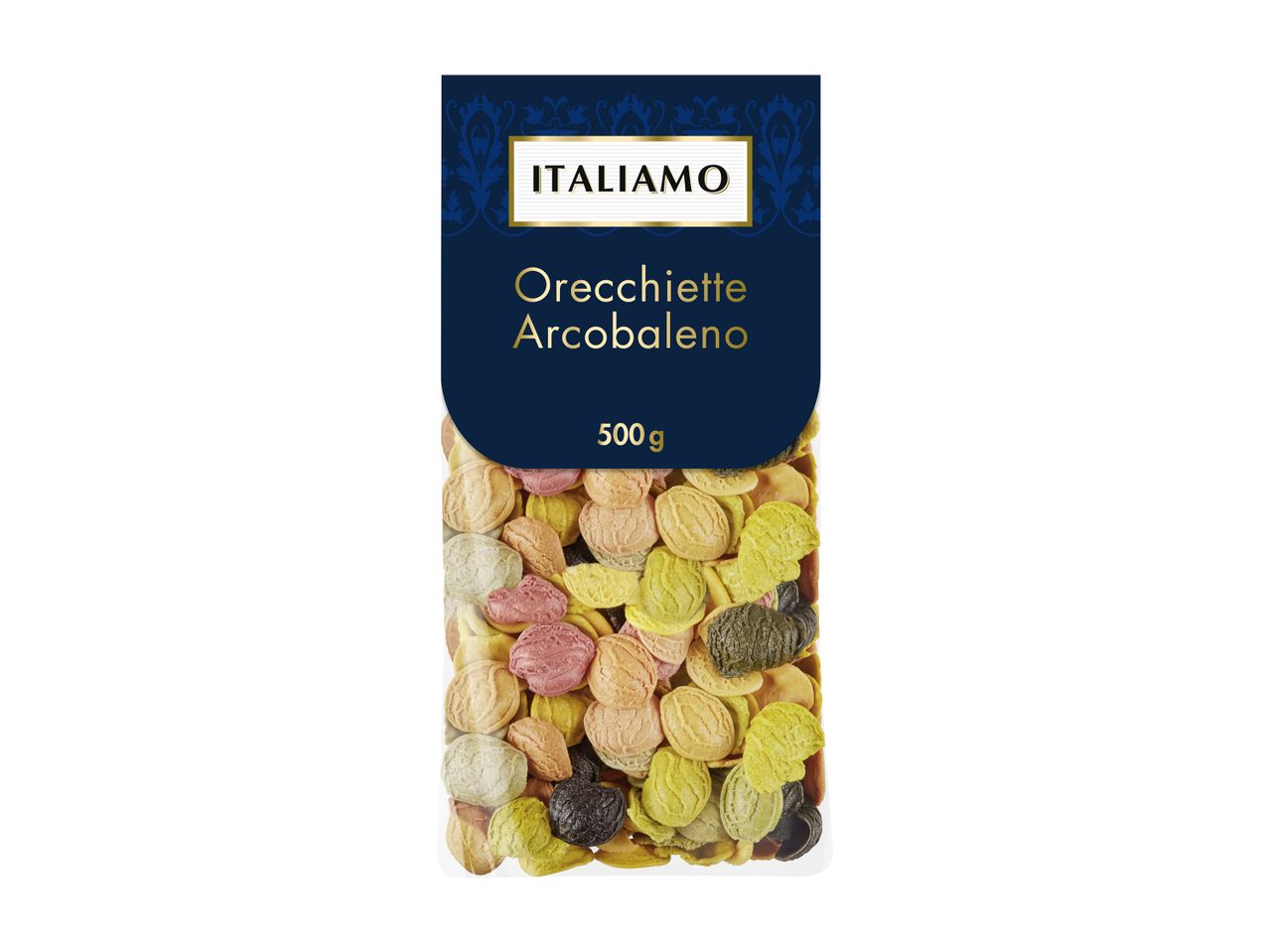 Pacchetto da 500g di pasta orecchiette arcobaleno Italiamo.