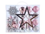 Set di decorazioni natalizie rosa e argento con palline, fiocchi di neve e una stella.
