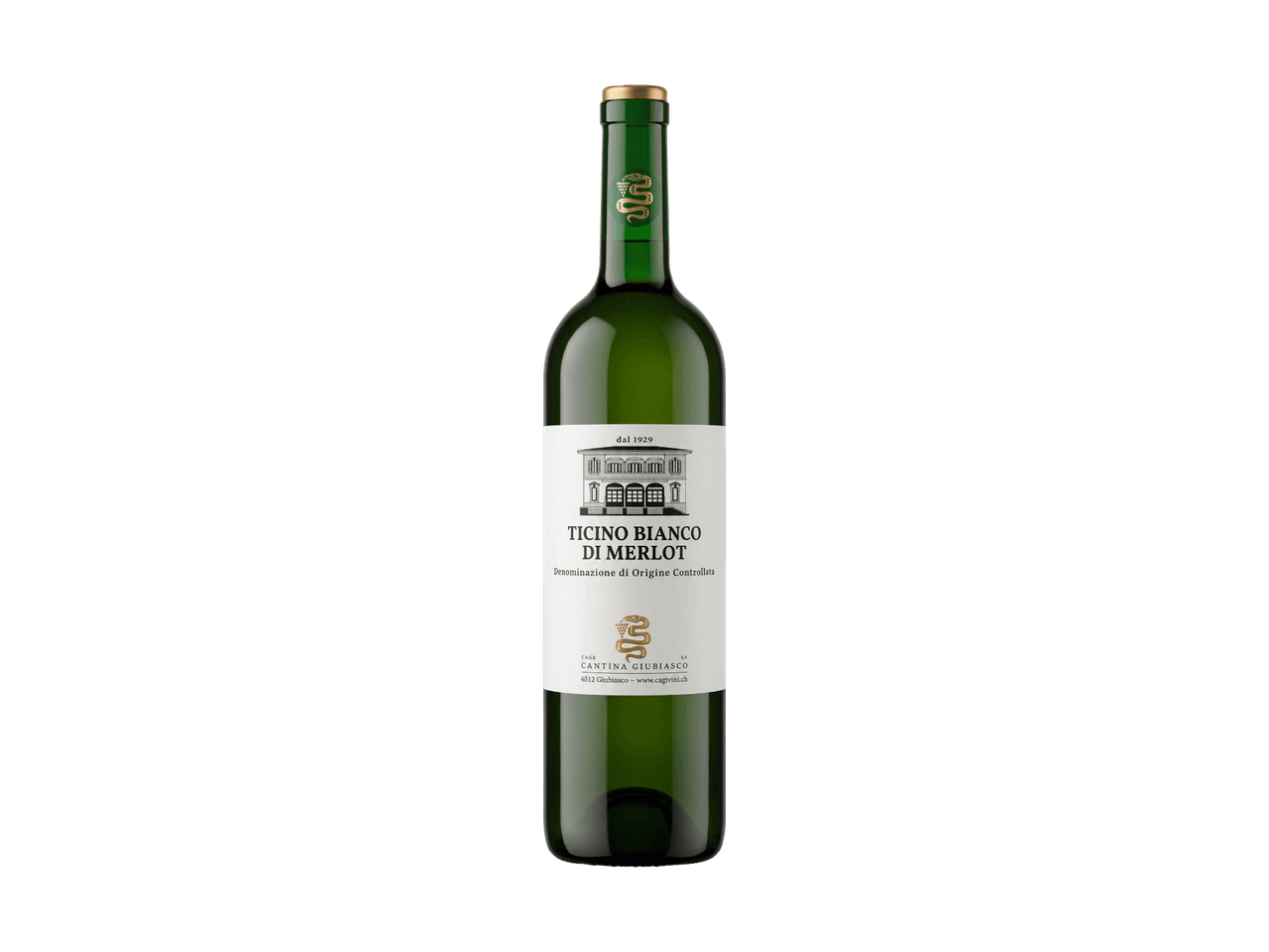 Bouteille de vin blanc de Merlot du Tessin, avec une étiquette blanche et un bouchon doré.