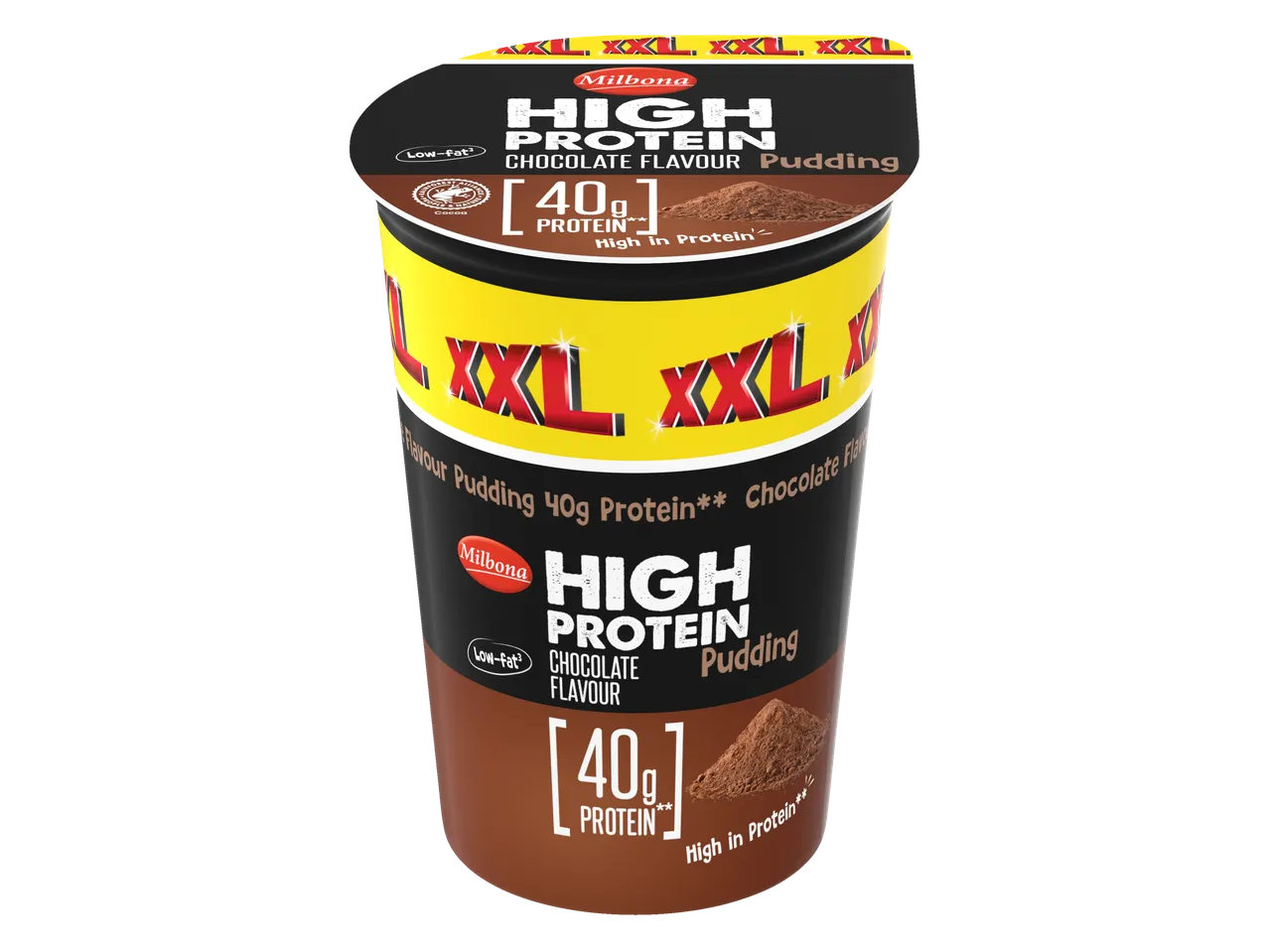 Milbona's XXL Hoge Proteïne Chocolade Pudding, laag vet, 40g proteïne.