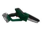 A cordless mini chainsaw with a green and black body, featuring a battery pack attached to the handle.