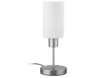Настолна лампа с цилиндричен бял абажур и основа от матиран метал.