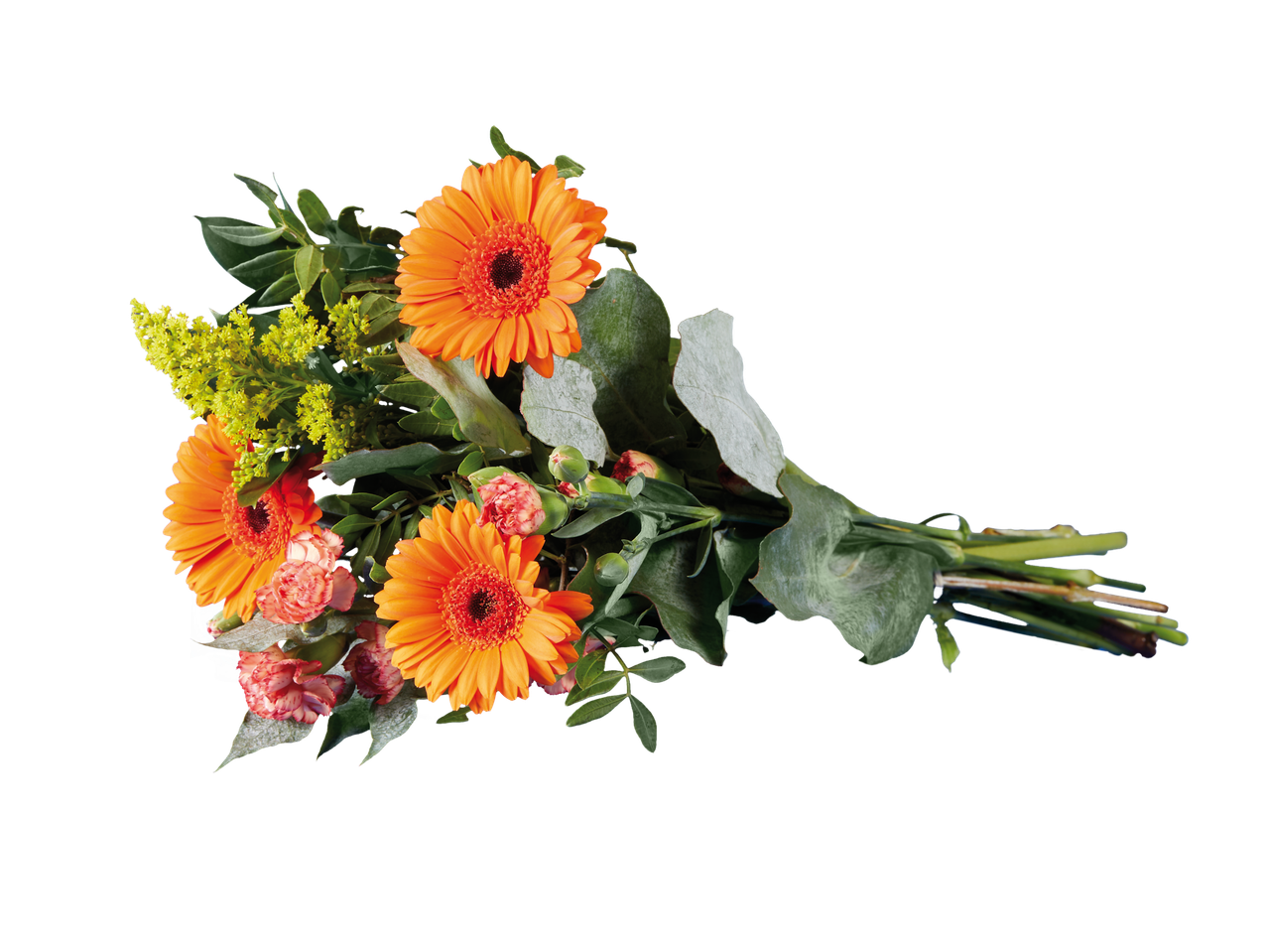 Boeket met oranje gerbera's en anjers.
