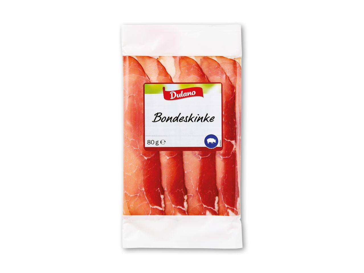 Pakke med Dulano Bondeskinke, 80g, med skiver af røget skinke.
