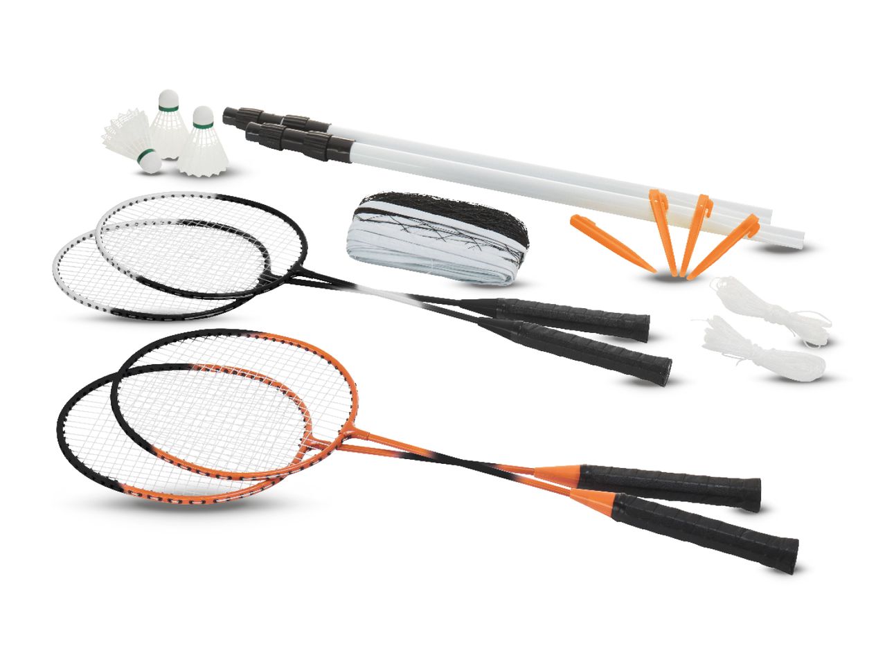 Set za badminton s dva reketa i dodatnom opremom.