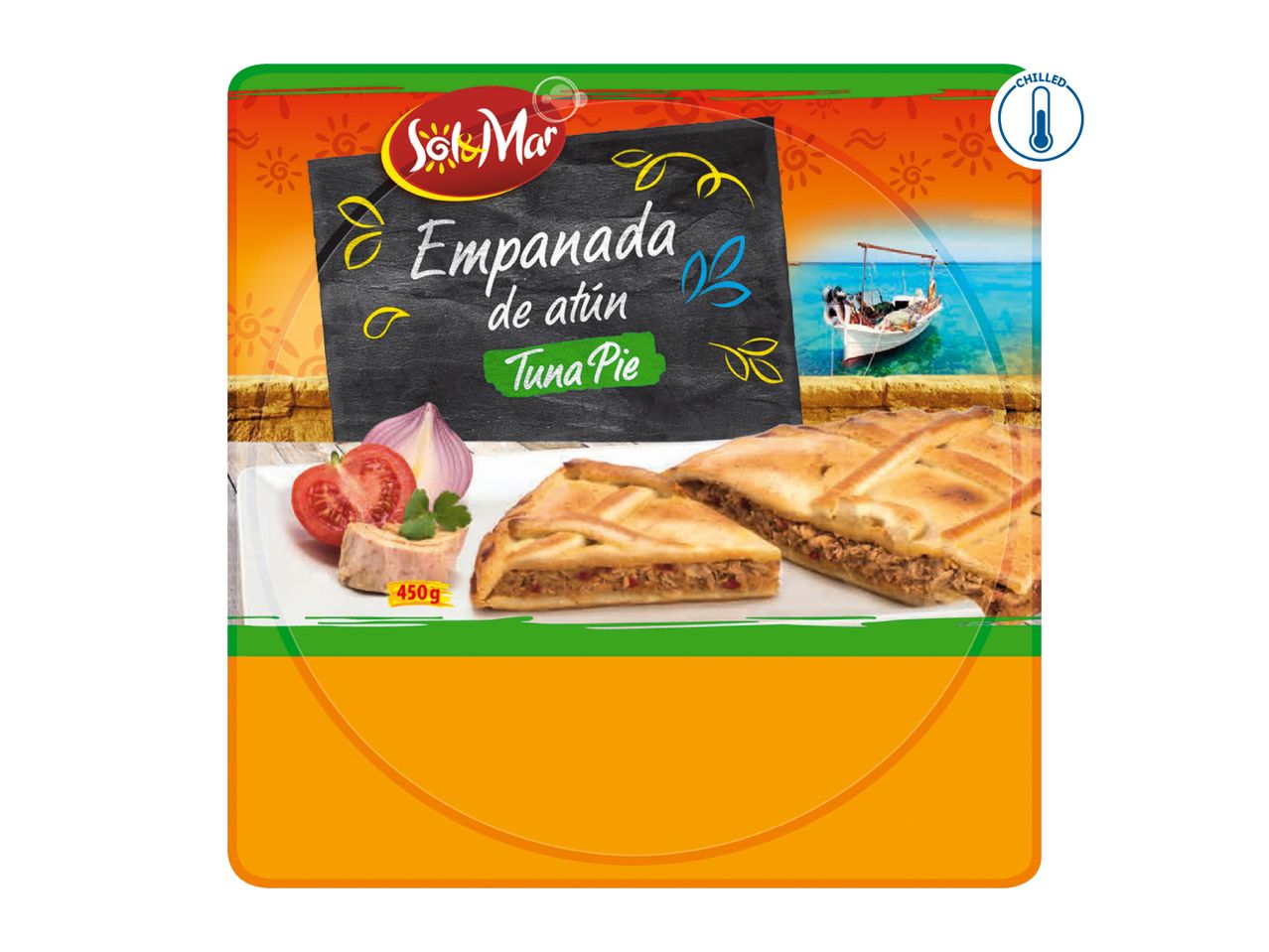 Tuna pie with tomatoes and onions, with a boat on the sea in the background. Text: Empanada de atún, Tuna Pie, 450g, Chilled.