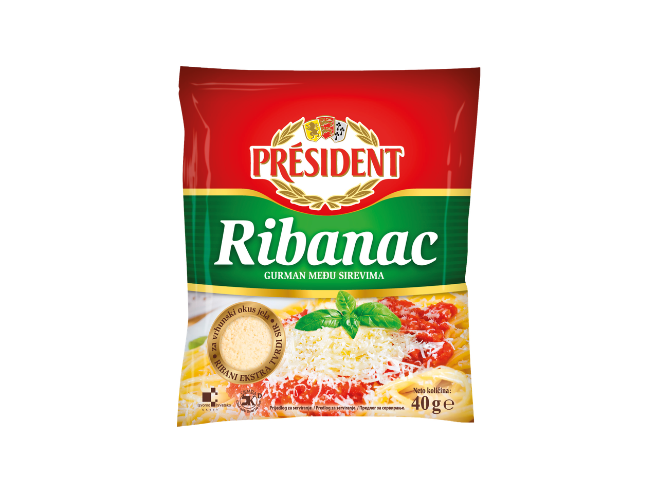 Président Ribanac ribani sir, 40g pakiranje, s prikazom jela s tjesteninom i umakom.