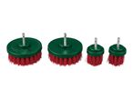 Set of four green and red drill brushes of varying sizes for cleaning and scrubbing.