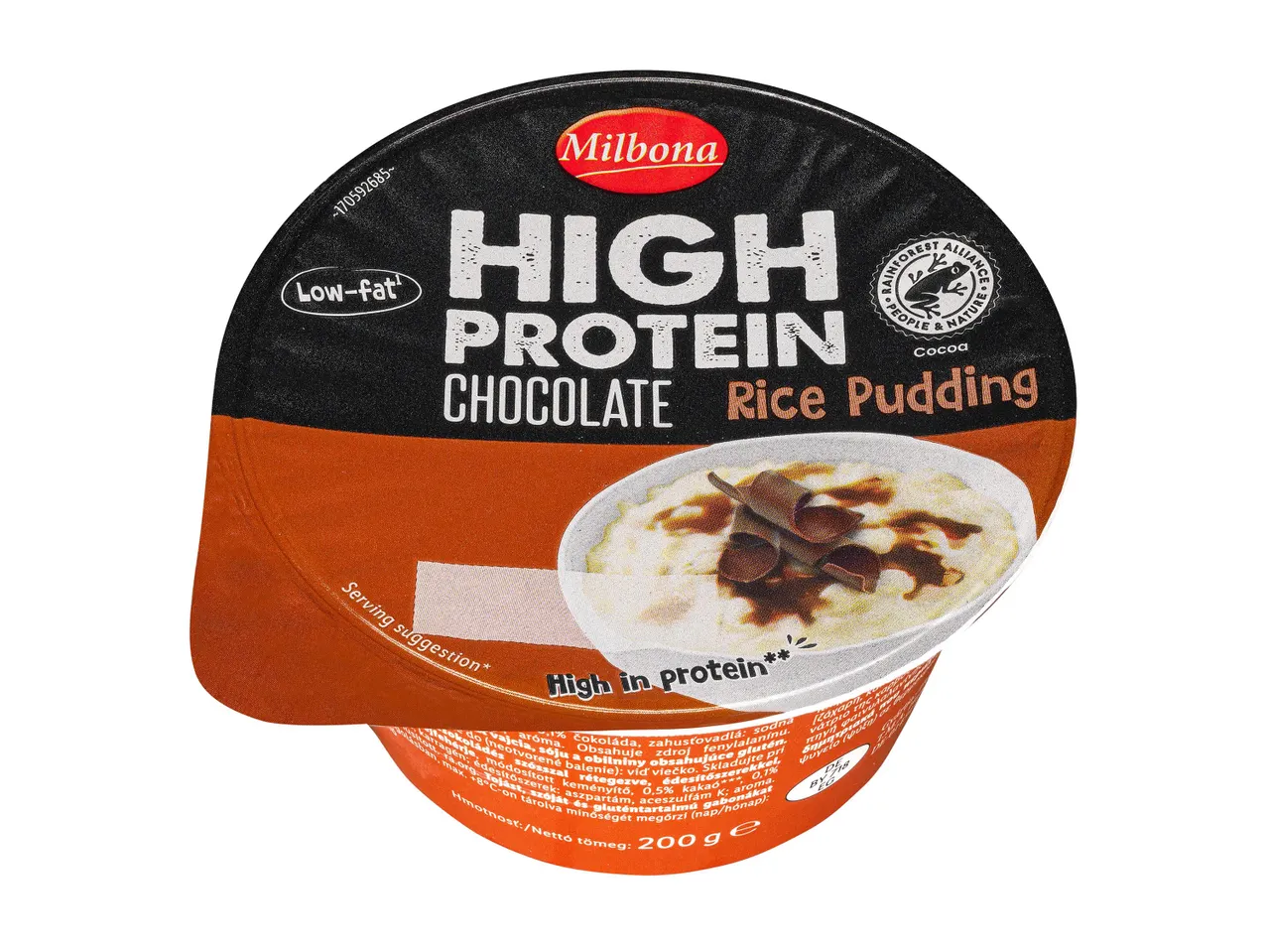 Milbona High Protein csokoládés rizspuding, alacsony zsírtartalmú és Rainforest Alliance tanúsítvánnyal.