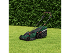 Parkside lawnmower on green grass.