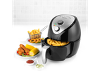 Salter digital air fryer with crispy fries, onion rings, chicken and corn on the cob.