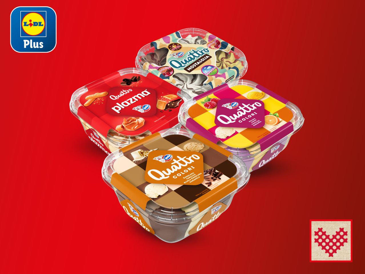Četiri okusa sladoleda Quattro (Nostalgija, Plazma, Colori) u Lidl Plus ponudi.