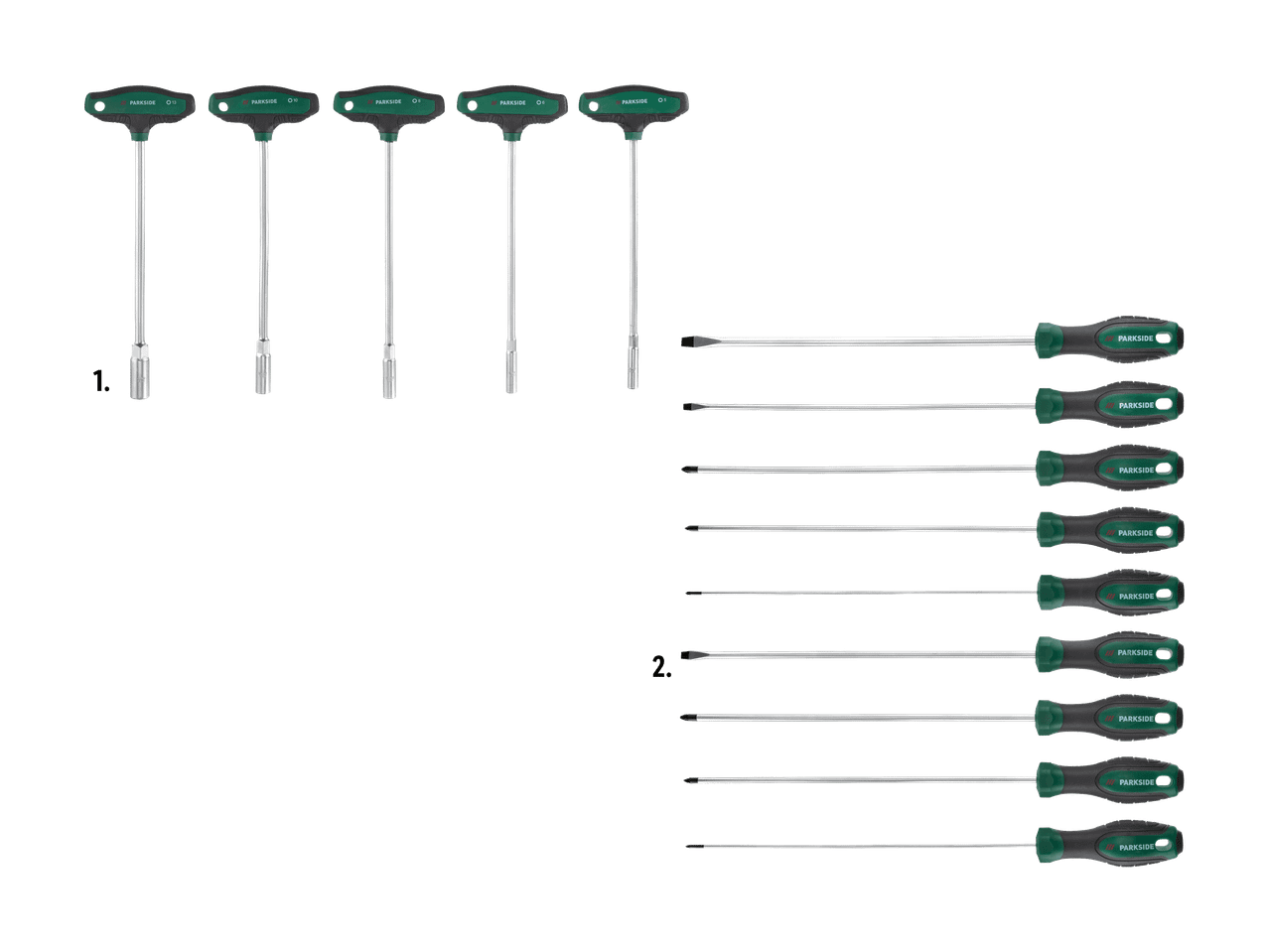 Ein Set aus T-Griff-Steckschlüsseln und verschiedenen Schraubendrehern.