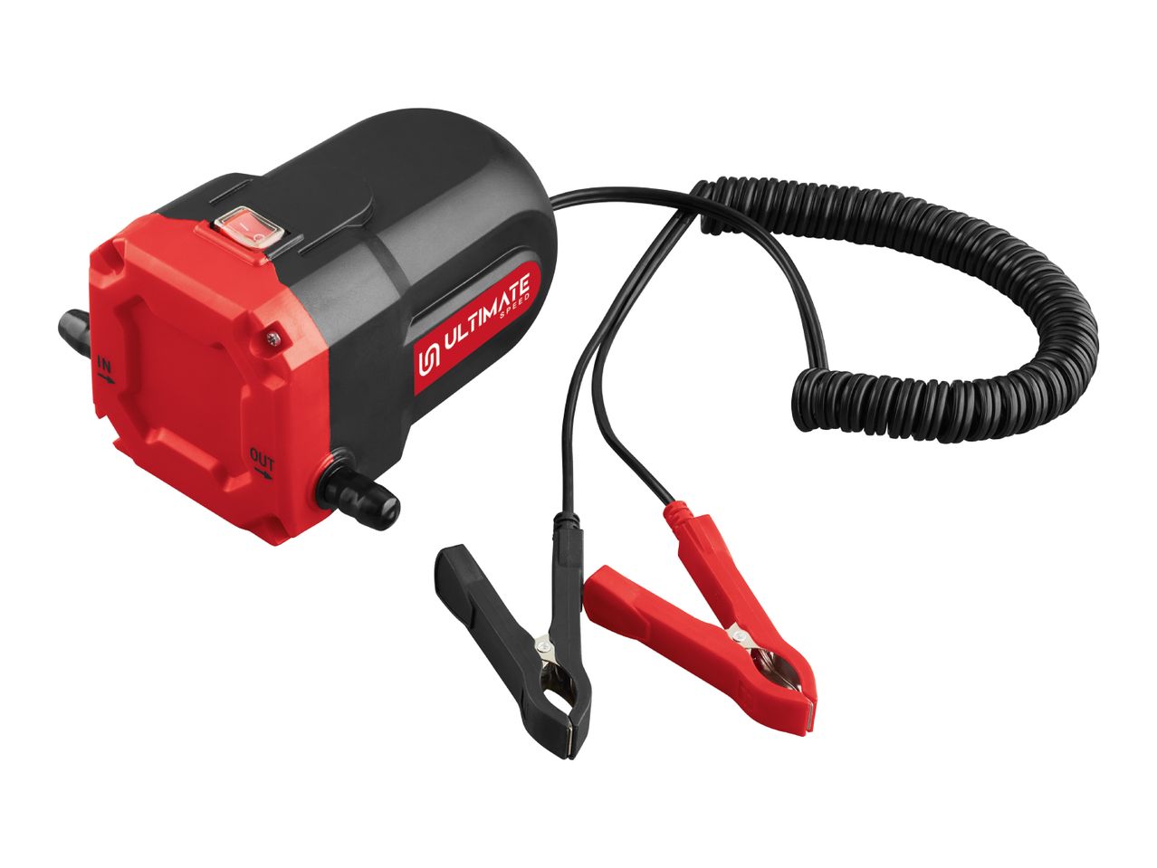 12V oil pump with battery clamps and coiled power cable