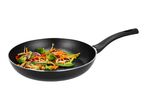 Stir-fried vegetables in a black frying pan, including broccoli, carrots, and snap peas.