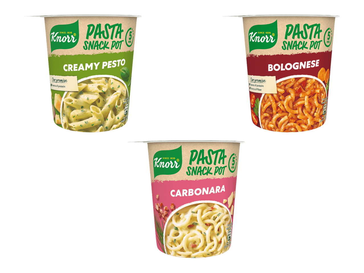Kolme erilaista pikanuudeli- ja pastakuppia: pesto, bolognese ja carbonara.