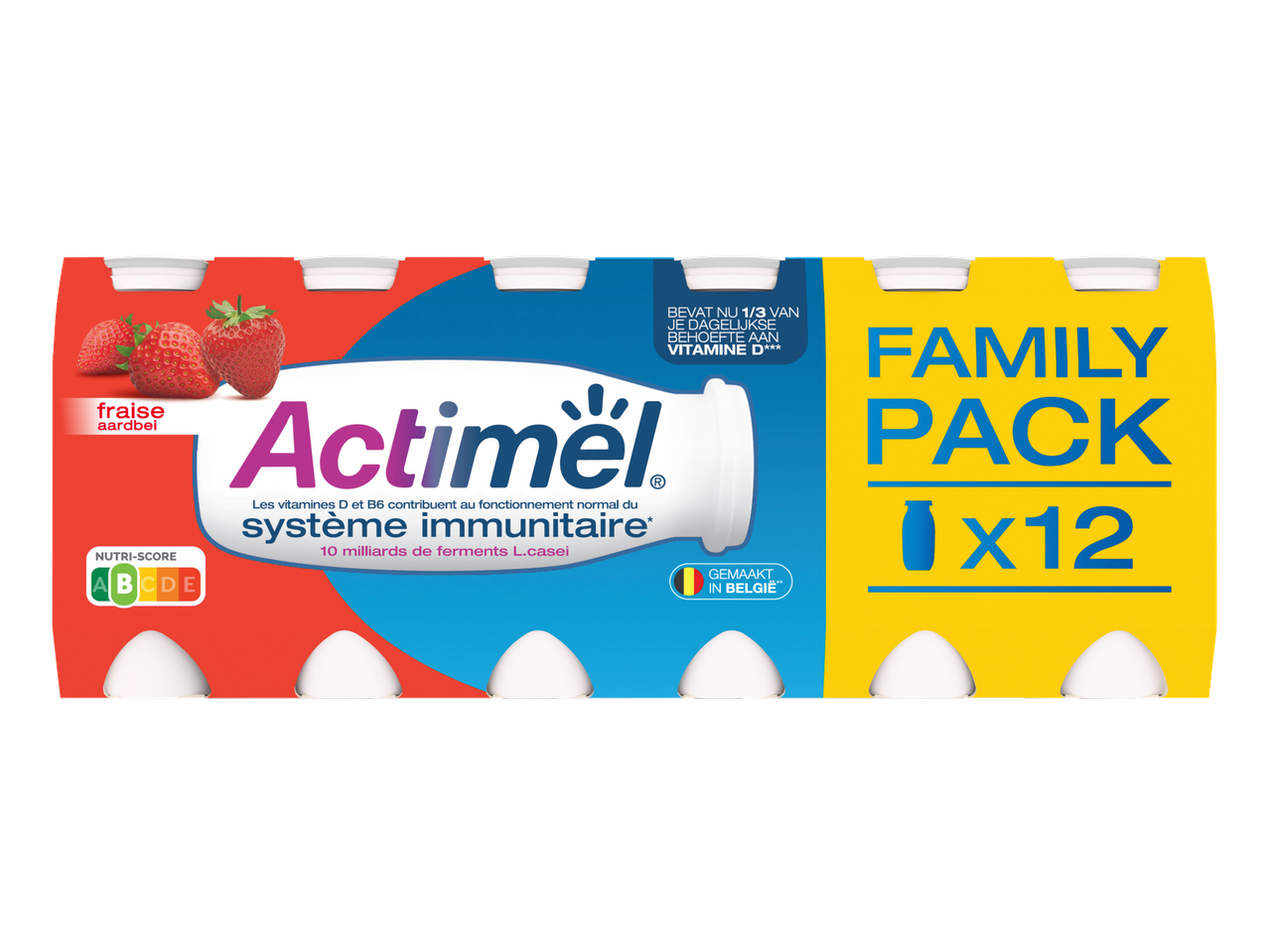 Actimel aardbei familiepak met 12 flesjes, Nutri-Score A en vitamine D.