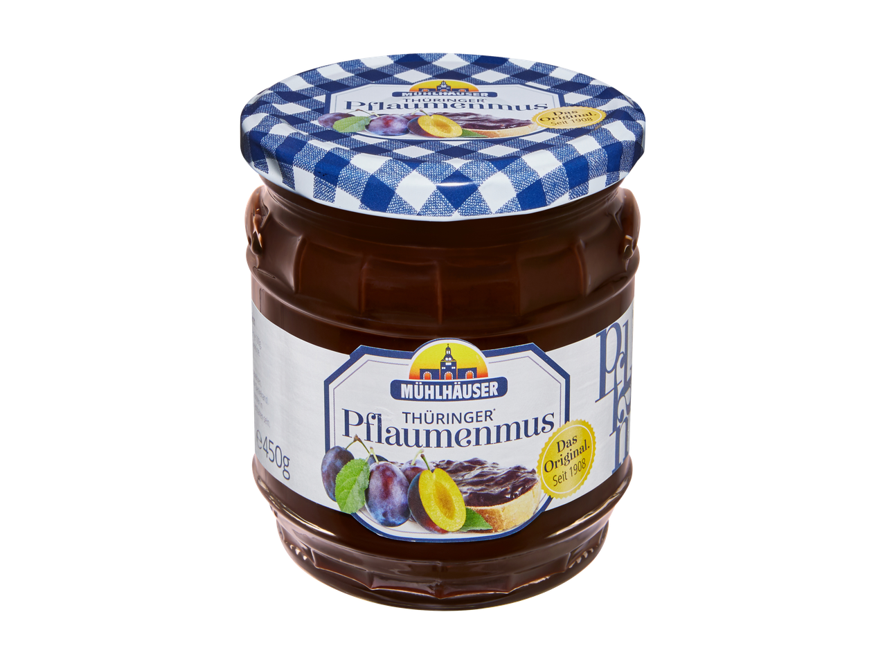 Mühlhäuser pruimenjam in een pot met geruit deksel en een afbeelding van pruimen en brood.