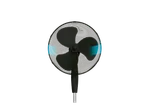 Black pedestal fan with protective mesh.