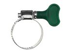 A green-handled hose clamp with a serrated band.