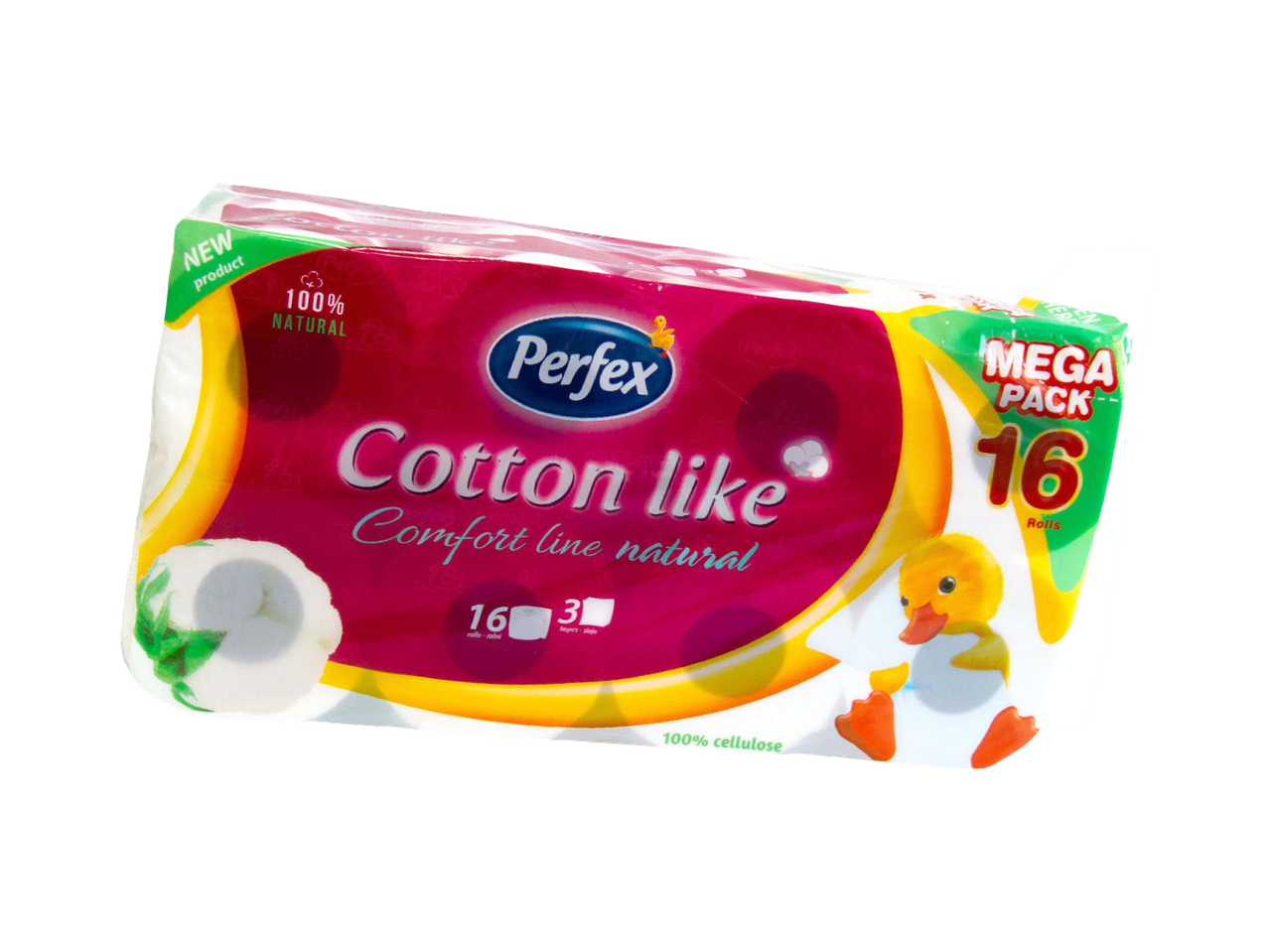 Pakovanje toalet papira sa 16 rolni, 3 sloja, sa natpisom 'Cotton like' i '100% prirodno'.