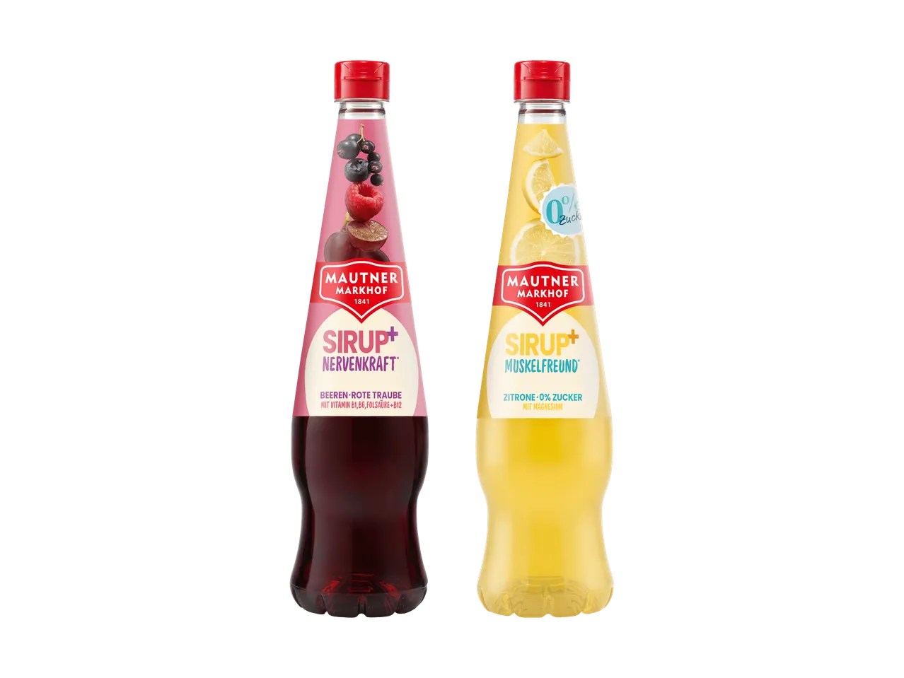 Zwei Mautner Markhof Sirup-Flaschen: Beeren-Rote Traube und Zitrone 0% Zucker.