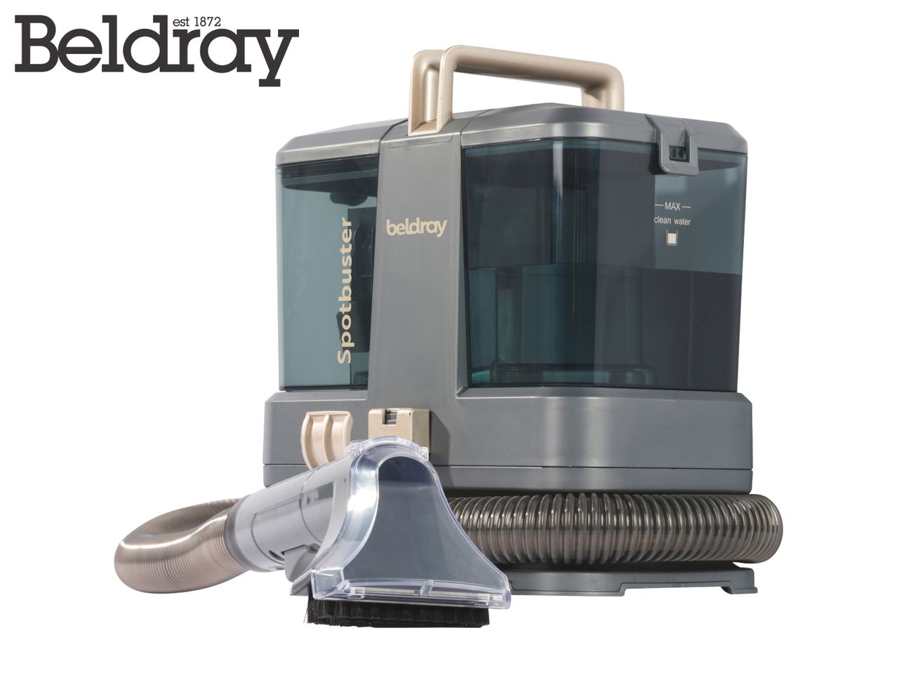 Grey portable spot cleaner with a hose and brush attachment, featuring clear water tanks.