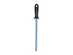 Blue ceramic sharpening rod with a black handle