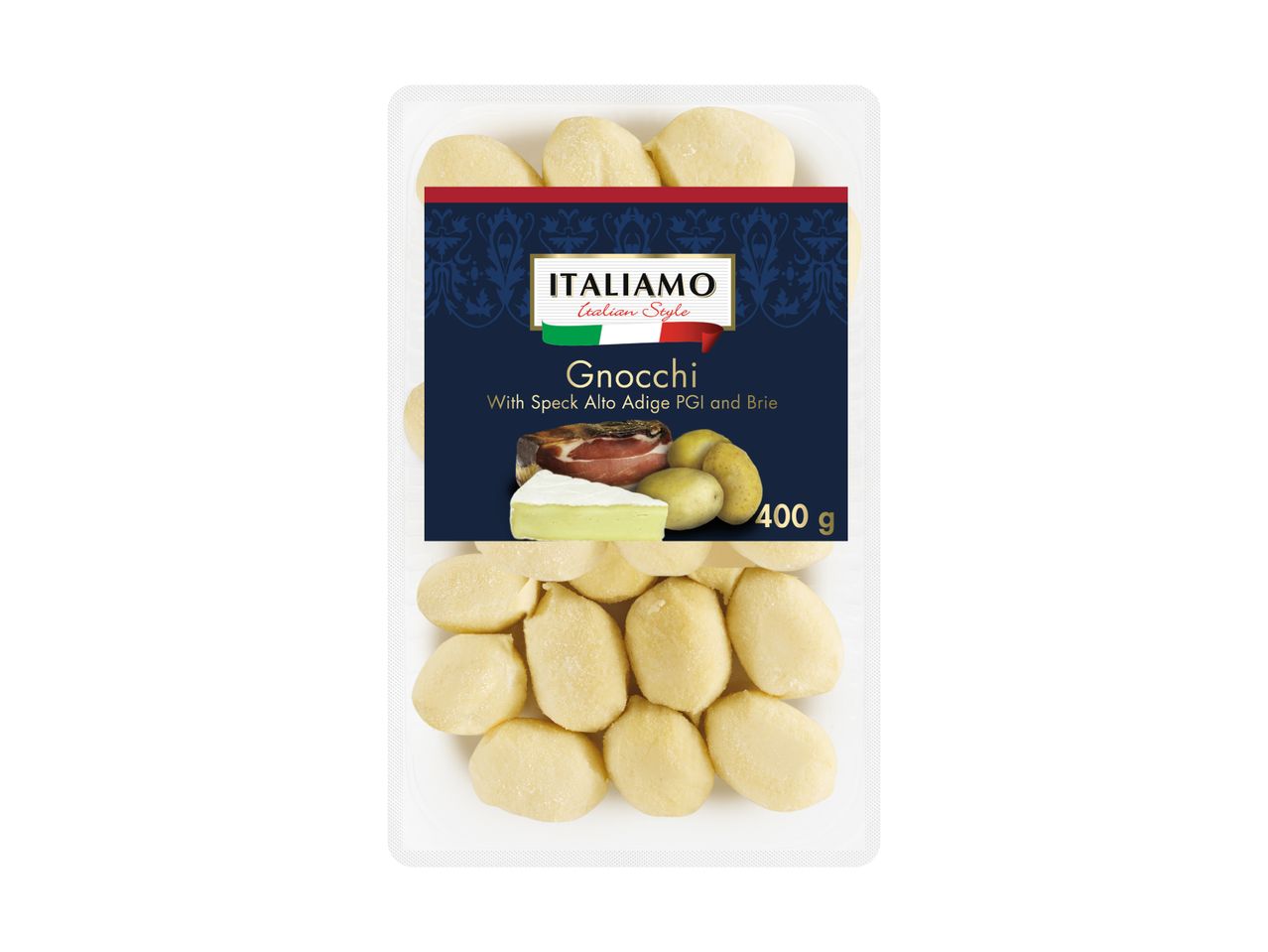 Gnocchi with speck, brie, and potatoes in a clear plastic tray, 400g.
