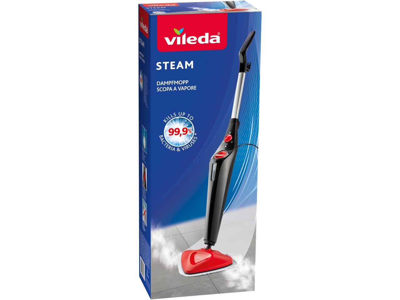 Steam mop packaging, highlighting 99.9% bacteria and virus kill rate.