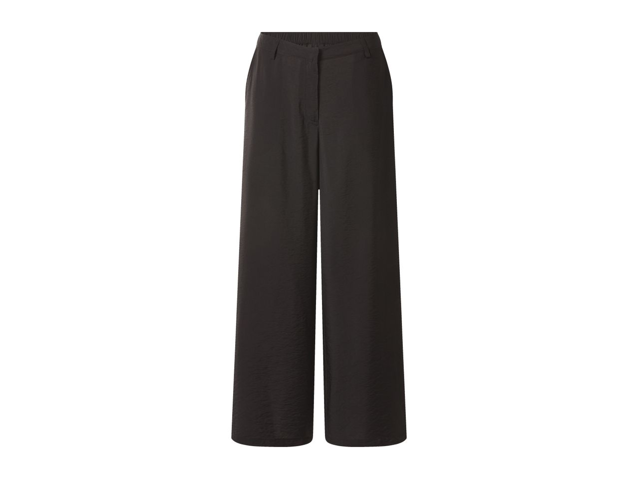 Dark brown wide-leg trousers with a textured finish and an elasticated waistband.