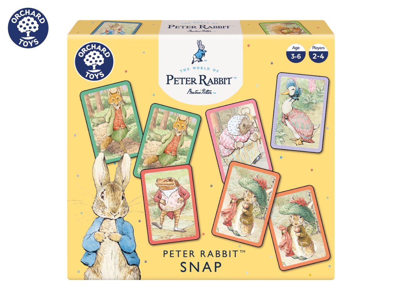 Peter Rabbit themed snap card game for ages 3-6, for 2-4 players, featuring various characters.