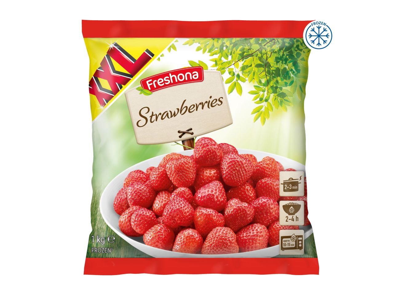 Frozen strawberries in a 1kg bag, with cooking instructions for pot, bowl, and microwave.