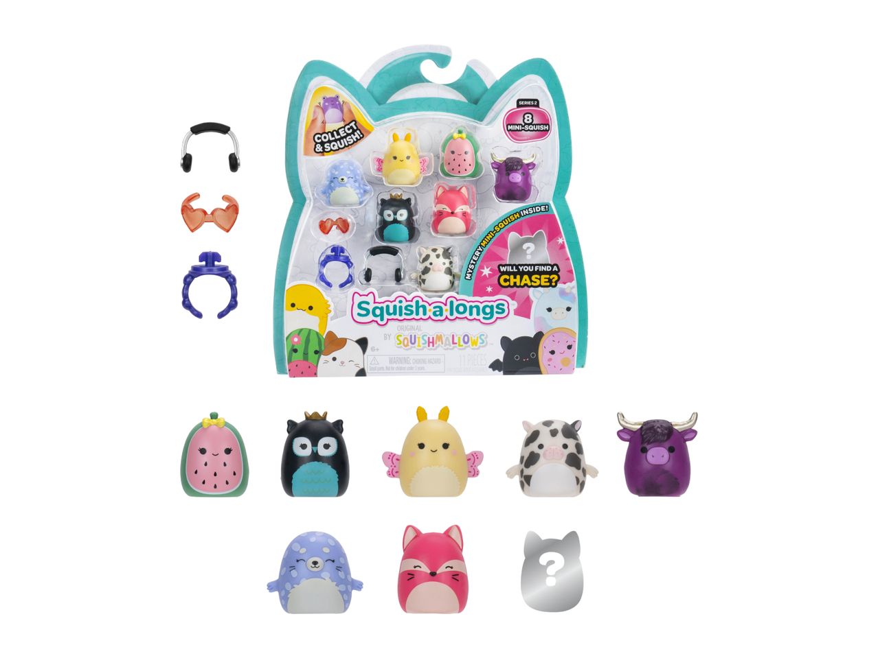 A set of mini squishy toys in a cat-shaped package, with accessories and individual toys displayed.