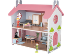A colorful wooden dollhouse with furniture and two doll figures.