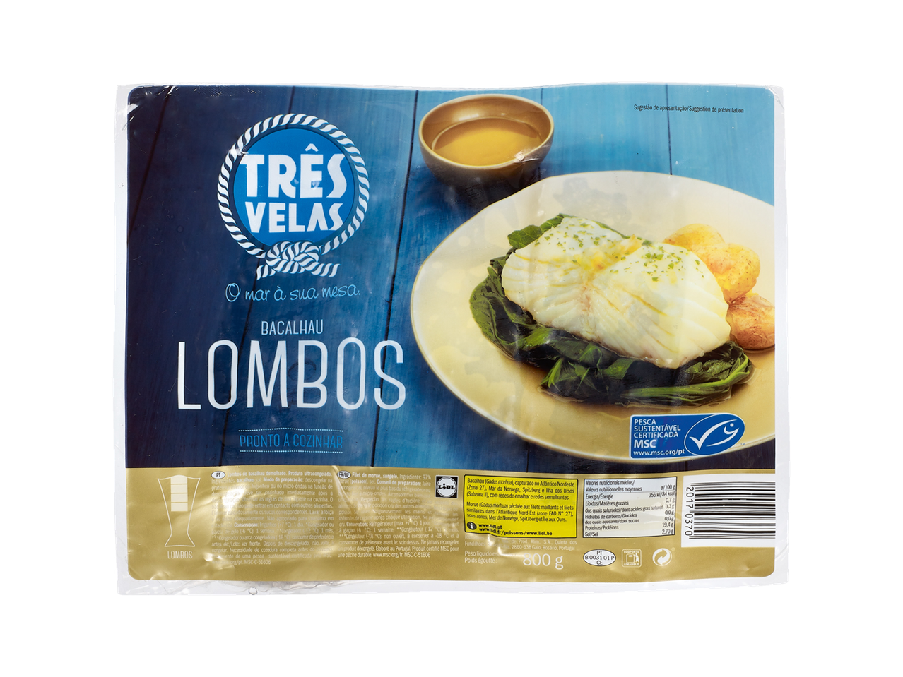 Emballage de filets de morue MSC Três Velas, prêts à cuisiner.