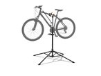 Bicycle repair stand with a mountain bike attached, on a white background.