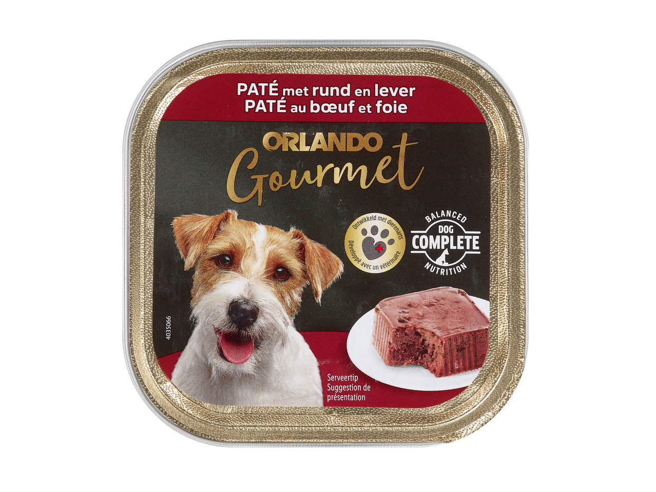 Pâté pour chien Orlando Gourmet au bœuf et foie, nutrition complète.
