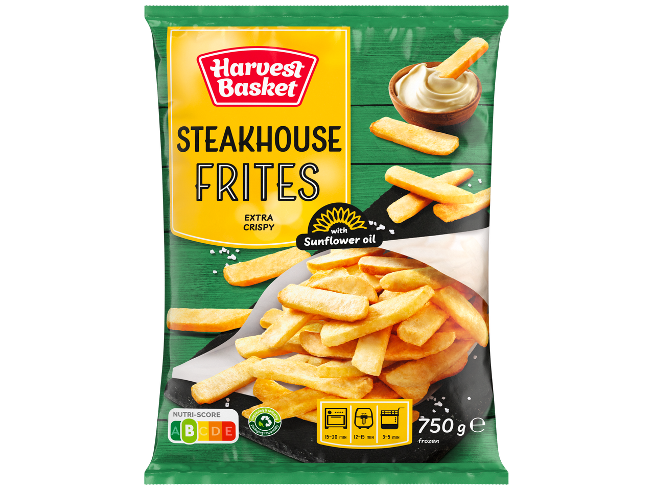 Zöld csomagolású, fagyasztott steakburgonya, Nutri-Score A jelöléssel és elkészítési útmutatóval.