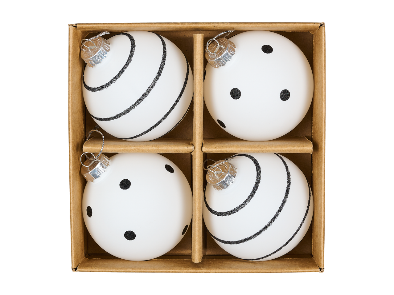 LIVARNO home Ziemassvētku eglītes bumbiņas: 4 baltas bumbiņas, 2 ar melnām svītrām, 2 ar melniem punktiem