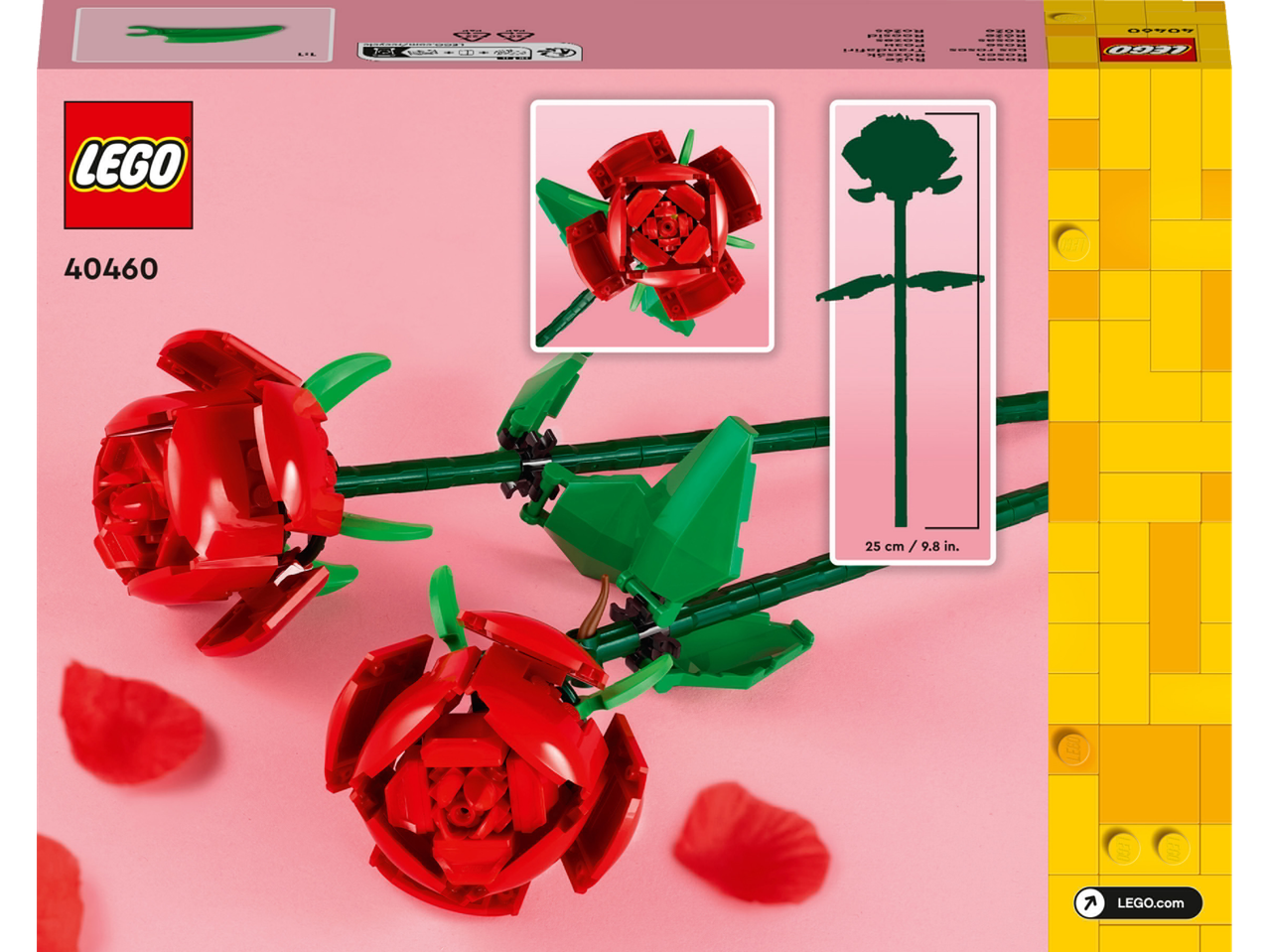 Divas sarkanas rotaļlietu rozes ar zaļiem kātiem un lapām uz rozā fona, 25 cm garas.