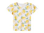 White short-sleeved t-shirt with a yellow lemon and green leaf pattern.