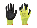 Fekete és sárga munkakesztyűk, az egyik kesztyűn méret és biztonsági jelölések láthatók.