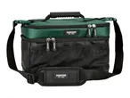 Green and black insulated cooler bag with shoulder strap and multiple compartments.
